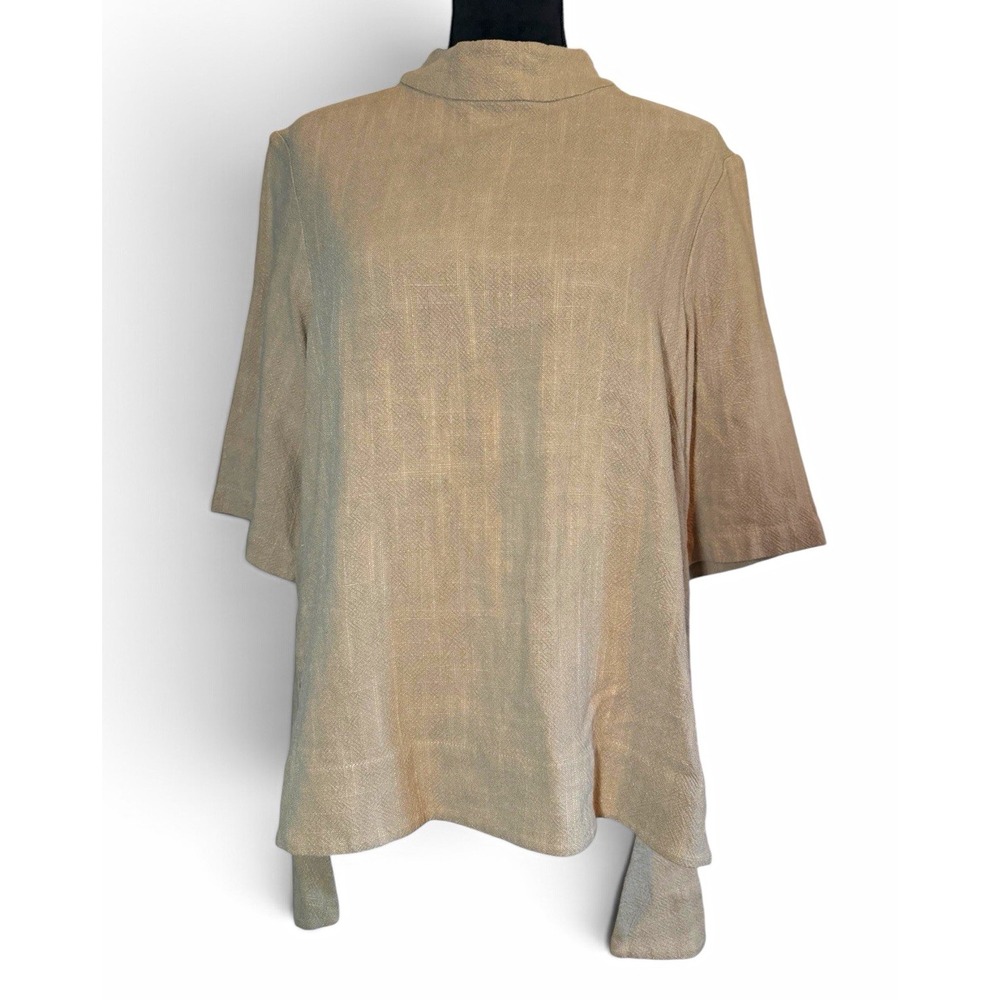 7115 by Szeki Tunic Top L Oatmeal Cotton Linen Mock Neck Minimalist Oversized